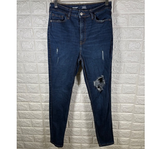 Old Navy Rockstar Jeans Dark Wash Blue Distressed High Rise Womens Size 8 - Picture 1 of 10